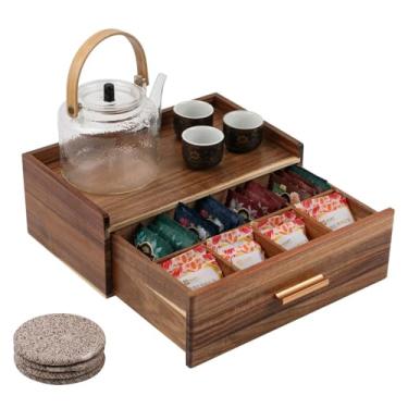 Imagem de Organizadores de chá e caixa de armazenamento de saquinhos de chá de madeira de acácia, caixa de armazenamento, suporte de saquinho de chá com 8 compartimentos, suporte de pacote de açúcar de madeira