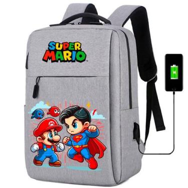 Imagem de Mochila Escolar Infantil USB Mario Super Man Estampada Para Notebooks,