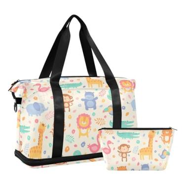 Imagem de Cute Dogs Bones Big Duffle Bags para viagem, bolsa de ginástica expansível para homens, bolsa feminina de fim de semana, Animais da selva fofos pastel, One Size