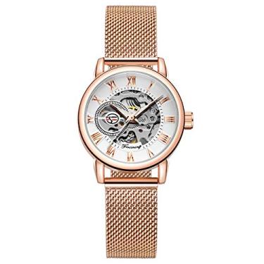 Imagem de FORSINING Relógio de pulso feminino moderno esqueleto feminino casual à prova d'água com pulseira de malha de aço inoxidável, 03 - branco rosa, Mecânico