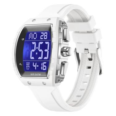 Imagem de findtime Relógio digital masculino Tonneau esportivo à prova d'água moda grande alarme LED relógio masculino calendário horário duplo casual pulseira de silicone, Branco, Casual