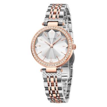 Imagem de NIBOSI Relógios femininos analógicos quadrados de quartzo relógios de pulso femininos delicados ouro rosa minimalista vintage luxo diamante pulseira de aço inoxidável para pulsos pequenos relógios