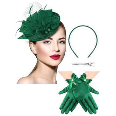 Imagem de Geyoga Chapéu Fascinator dos anos 50 para mulheres, chapéu de véu de funeral, caixa de comprimidos, coquetel, chá e luva de renda, Verde escuro, M
