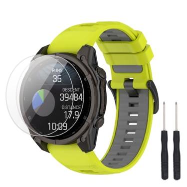 Imagem de TopPerfekt Pulseira compatível com Garmin Descent G2, pulseira de silicone macio de substituição e 2 protetores de tela para relógio inteligente Descent G2 para mulheres e homens (limão - cinza)