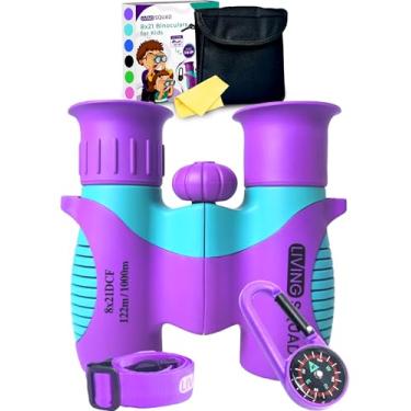 Imagem de Binóculos infantis 8 x 21 roxos - meninas de 3 a 12 anos, binóculos compactos à prova de choque para crianças - conjunto de alça de pescoço, bússola, mosquetão, estojo - Óptica de alta resolução,