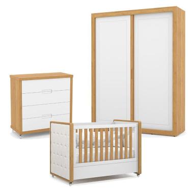 Imagem de Quarto De Bebe 2 Portas Tutto New Com Capitonê New Boucle E Gaveteiro Freijó Branco Acetinado - Matic