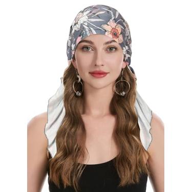 Imagem de ZLYC Chemo Headwear lenço de cabeça pré-amarrado gorro leve para mulheres, Flores cinza, Tamanho Único
