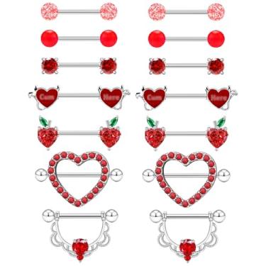 Imagem de FLOGWE 7 pares de anéis de mamilo de coração de calibre 14 de aço inoxidável bonito piercing de mamilo halteres CZ joias de mamilo, ONE SIZE, Metal, Zircônia cúbica