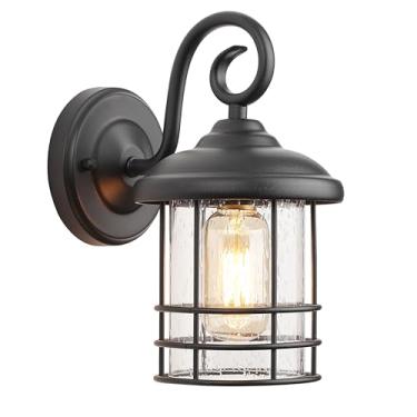 Imagem de MICSIU Luminária De Parede Externa Texturizada Preta, Iluminação 9,8" Com Soquete E26, Luzes Externas Redondas Transparentes E Delicadas Para Casa, Entrada, Pátio, Garagem Porta Entrada