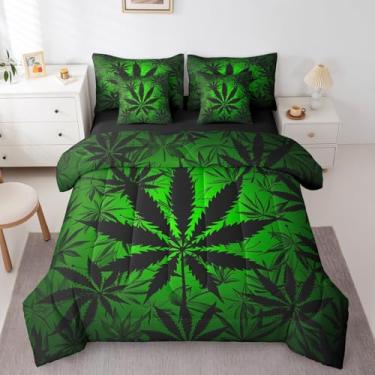 Imagem de Erosebridal Conjunto de cama infantil com 7 peças, maconha e lençol de solteiro, com lençol e fronha, 7 peças, conjunto de cama infantil, folha de cannabis, edredom neon