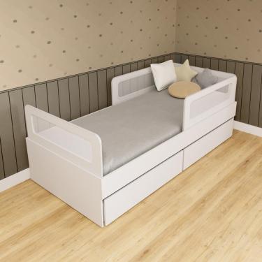 Imagem de Cama Solteiro Mdf Branco com 02 Gavetas Grades e Cabeceira Telinha Anatômica Mobilistore