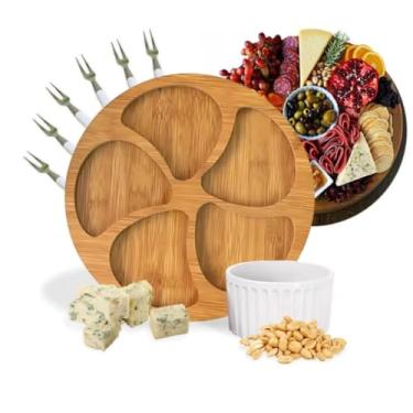 Imagem de Kit Petisqueira Redonda com 6 Garfinhos, Tábua de Bambu 26cm, Molheira de Cerâmica 100ml, Conjunto para Servir Queijos e Frios