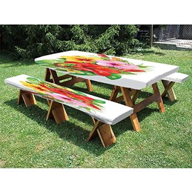 Imagem de Toalha de mesa havaiana para piquenique e assentos de banco, buquê de flores de hibisco coloridas com pétalas de plumeria florescendo de borboleta, para uso ao ar livre, parque, terraço, 71 x 182 cm,