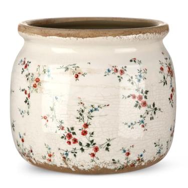 Imagem de Ninehaoou Vaso de rolagem de cerâmica, vaso de flores rústicas, bege, bege, vaso de flores cottagecore para plantas de interior, decoração de cozinha, casa de fazenda, presente decorativo antigo