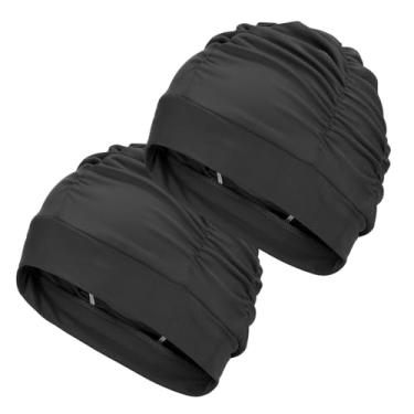Imagem de YELARXI Touca de natação de tecido de poliéster touca de natação elástica, adequada para mulheres e homens adultos cabelos longos (2 peças, preto)