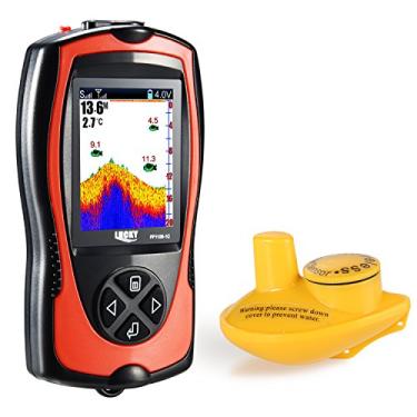 Imagem de LUCKY Localizador de peixes de sonar sem fio, localizador de peixes portátil para pesca no caiaque pesca no gelo pesca no mar, localizador de profundidade portátil recarregável com tela LCD colorida, localizador de peixes à prova d'água, vermelho