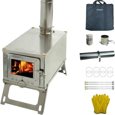 Imagem de DANCHEL OUTDOOR S1 Fogão pequeno de barraca quente com tubo de 2 m, fogão portátil dobrável de aço inoxidável para acampamento a lenha com pernas dobráveis para 1 pessoa, mochila de sobrevivência no