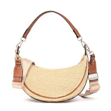 Imagem de JANLOVE Bolsas transversais de palha para mulheres 2025, bolsa de ombro de tecido de praia de verão, bolsas Hobo Crescent com alça ajustável, Caqui