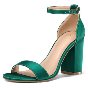 Imagem de COASIS Sandálias femininas de salto grosso, bico aberto, tira no tornozelo, 8,5 cm, Cetim verde, 36