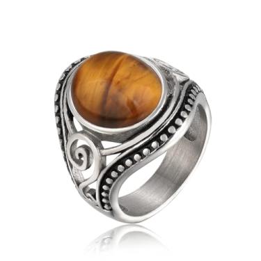 Imagem de Anel oval 10 x 12 mm turquesa/quartzo rosa/ônix preto/cornalina para mulheres tamanho 7 a 11, Metal, Olho de tigre