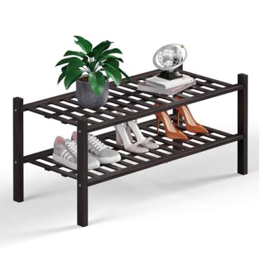 Imagem de Haddockway Organizador de armazenamento de sapatos de bambu de 2 níveis, prateleira empilhável multifuncional com painel de grade para armário, corredor, entrada, espaço pequeno 68 x 28 x 33 cm
