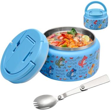 Imagem de BABHAMNESS Garrafa térmica de sopa de 382 g para comida quente infantil com tampa de fivela, recipiente de almoço de aço inoxidável à prova de vazamento de boca larga com colher - dinossauro