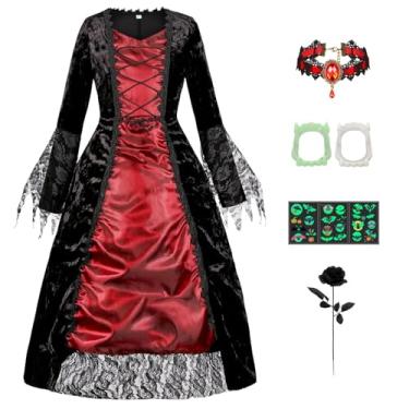 Imagem de jiobabe Vestido de fantasia de vampiro real para meninas, fantasia de Halloween, fantasia medieval vitoriana, vampira, rainha cosplay com acessórios, gargantilha rosa, dentes e adesivos que brilham no