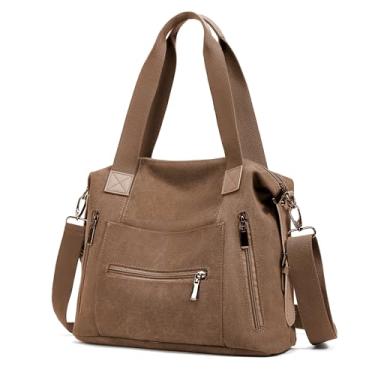 Imagem de DOURR Bolsa feminina de ombro de lona, casual, transversal, trabalho, viagem, Marrom, Large, Casual