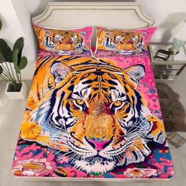 Imagem de jejeloiu Jogo de lençol solteiro boêmio com estampa de animais selvagens rosa damasco rosa para meninos, meninas, adolescentes, boêmio, vida selvagem, safári, respirável, decoração de quarto