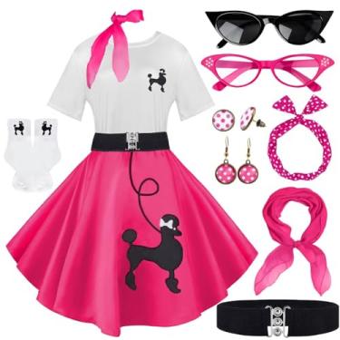 Imagem de 10 peças de roupas femininas, saias poodle dos anos 1950, camiseta poodle com acessórios dos anos 50, meias, cachecol, faixa de cabeça, brinco de cinto, Rosa choque, XX-Large
