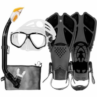 Imagem de HH HHAO SPORT Conjunto De Mergulho Com Snorkel Infantil Nadadeiras, Equipamento Antivazamento Para Nadadeiras Ajustáveis, Óculos Natação Totalmente Seco Jovens, Máscara Proteção Nasal, Bolsa Mergulh