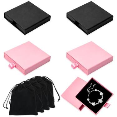 Imagem de 4 caixas de presente de joias pequenas e 4 peças de sacos de veludo preto, 9,5 x 9,5 x 0,67 cm Caixa de presente quadrada de joias de papelão para colar de brinco de anel (rosa e preto)