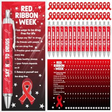 Imagem de Sayglossy 50 conjuntos de fitas vermelhas para presente semanal, incluindo canetas esferográficas, diga não às drogas, marcadores de página com citação inspiradora para eventos sem drogas, acessórios