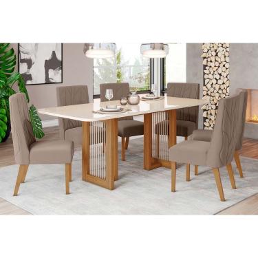 Imagem de Conjunto: Mesa Sala Jantar Yara c/ Tampo Madeirado c/ Vidro Curvo 200x90cm e 6 Cadeiras Eloa Nature/Suede Light Marrom Amêndoa - Henn