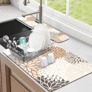 Imagem de Findosom 2Pcs 12"x20" Tapete de Secagem de Pratos e 24"x5,5" Protetor Contra Respingos de Pia, Superabsorvente e Cortável Tapete de Secagem de Pratos Tapete de Cozinha com Floral M (12" X 20" + 24" X