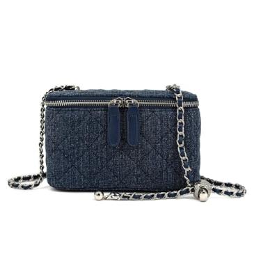 Imagem de M-ioi-M Mini bolsa tiracolo de brim acolchoada para mulheres, pequena bolsa jeans com alça de corrente ajustável, capa estilo boxy designer, Índigo Slub, Mini, Clássico