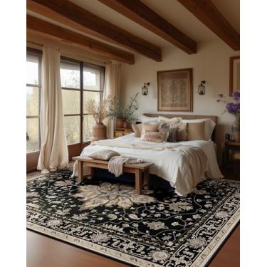 Imagem de RELEANY Tapete quadrado quadrado de 2,4 m, lavável, antiderrapante, floral, vintage, estampado, medalhão, para sala de estar, quarto, sala de jantar, preto, marrom, neutro, caramelo escuro