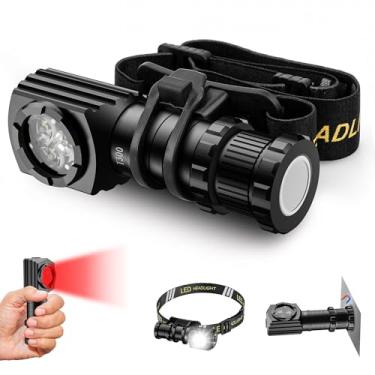 Imagem de Lanterna de cabeça de LED de alto lúmens, recarregável – Luz de capacete ajustável de 180° com luz vermelha, base magnética, lanterna removível e faixa de cabeça, lâmpada à prova d'água para uso ao ar