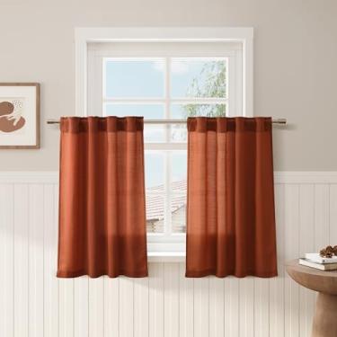 Imagem de Cortinas de cozinha Linen Cafe Farmhouse 91 cm de comprimento de linho privacidade filtragem de luz cortinas curtas plissadas com bolso de haste aba traseira para pia banheiro lavanderia terracota 2