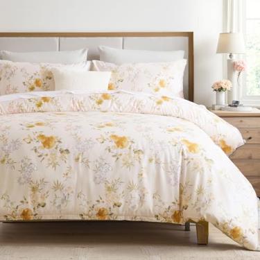 Imagem de Cozaline Capa de edredom 100% algodão tamanho Queen – Conjunto de capa de edredom floral amarelo elegante com fecho de zíper e laços de canto, jogo de cama luxuoso e sedoso de 3 peças para todas as