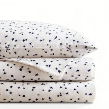 Imagem de Codi Lençóis de flanela tamanho Queen - Jogo de cama quente ultra macio com 4 peças, lençóis aconchegantes 100% algodão, novos conjuntos de cama estampados, bolso profundo de 35,5 cm, estrelas azuis