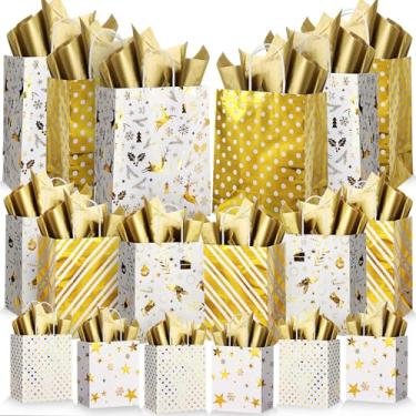 Imagem de Humyoun Pacote com 18 sacos de presente de Natal a granel tamanhos variados sacos de papel para presente 4 pequenos 16,5 cm, 4 médios 24,4 cm, 4 grandes 33 cm com papel de seda para aniversários, chás