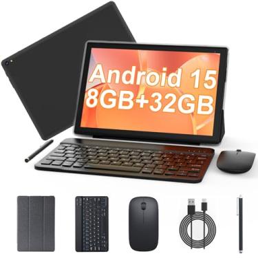 Imagem de Tablet Android 15 de 10 polegadas, tablet 2 em 1 com teclado. 8 GB de RAM + 32 GB de ROM, compatível com tablets expansíveis de 1 TB, CPU quad-core, tela HD, BT, WiFi, tablets de longa duração da