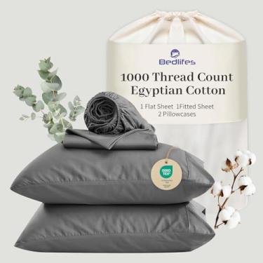 Imagem de Bedlifes Lençóis de algodão egípcio 1000 fios California King Size, 4 peças de bolso profundo de 40,6 cm - Roupa de cama ultramacia refrescante e respirável para conforto do hotel (cinza claro)