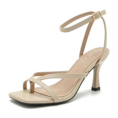 Imagem de Eugisy Sandálias femininas de salto alto com tiras de cadarço e salto alto quadradas, bico aberto, tira no tornozelo, sexy, moderno, confortável, sapatos para festas, Nude., 38