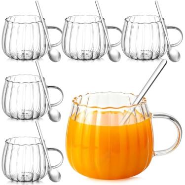 Imagem de Layhit 6 conjuntos de canecas de café de vidro em forma de abóbora com colheres de 382 g xícaras de chá transparentes com alça mini colheres para leite, latte, cappuccino, expresso, bebidas frias ou