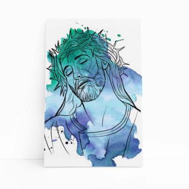 Imagem de Jesus Cristo Arte Aquarela Azul Verde Quadro Canvas 60X40Cm