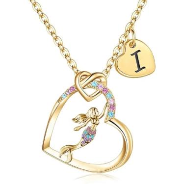Imagem de BAOWING Presentes de sereia para meninas, colar de coração com inicial de sereia, arco-íris, sereia, presentes para filha, neta, sobrinha, meninas adolescentes, Aço inoxidável, Zircônia cúbica