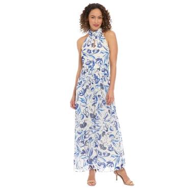 Imagem de London Times Vestido maxi feminino de gola alta sem mangas - Vestido floral evasê para convidados de casamento, Branco brilhante, G
