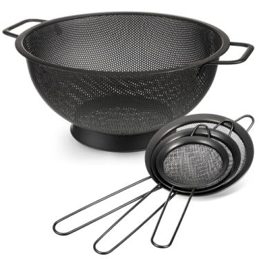 Imagem de Norme Escorredor preto de aço inoxidável de 4 litros e 3 peças de filtro de malha fina preta, coador de aço inoxidável para macarrão, arroz, alimentos, metal, coador com alças, fácil de limpar e pode